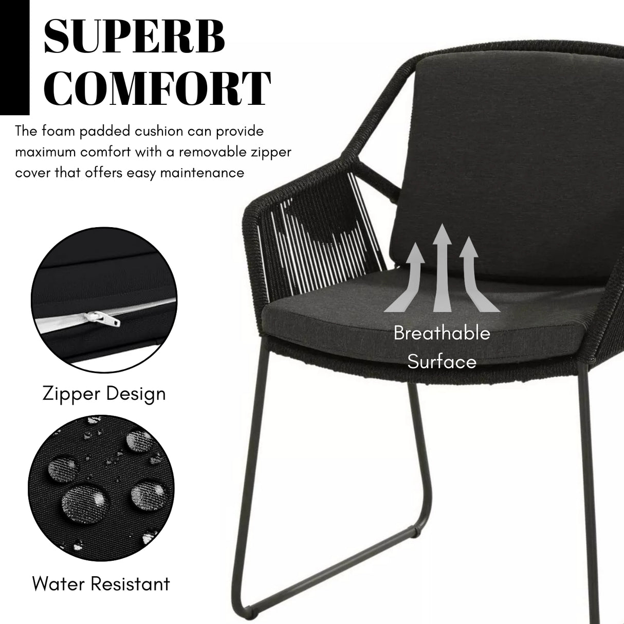 3 Piece Garden Outdoor Black Rope Patio Set