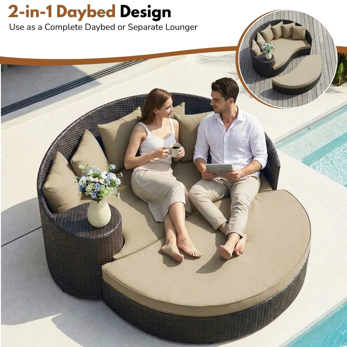 Outdoor Rattan Wicker Daybed (Dark Brown & Beige)