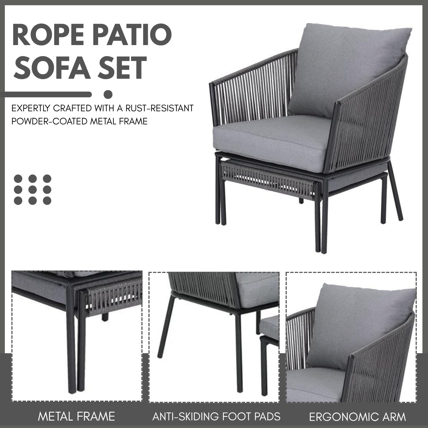 Outdoor 5 Piece Rope Patio Sofa Set (Grey)