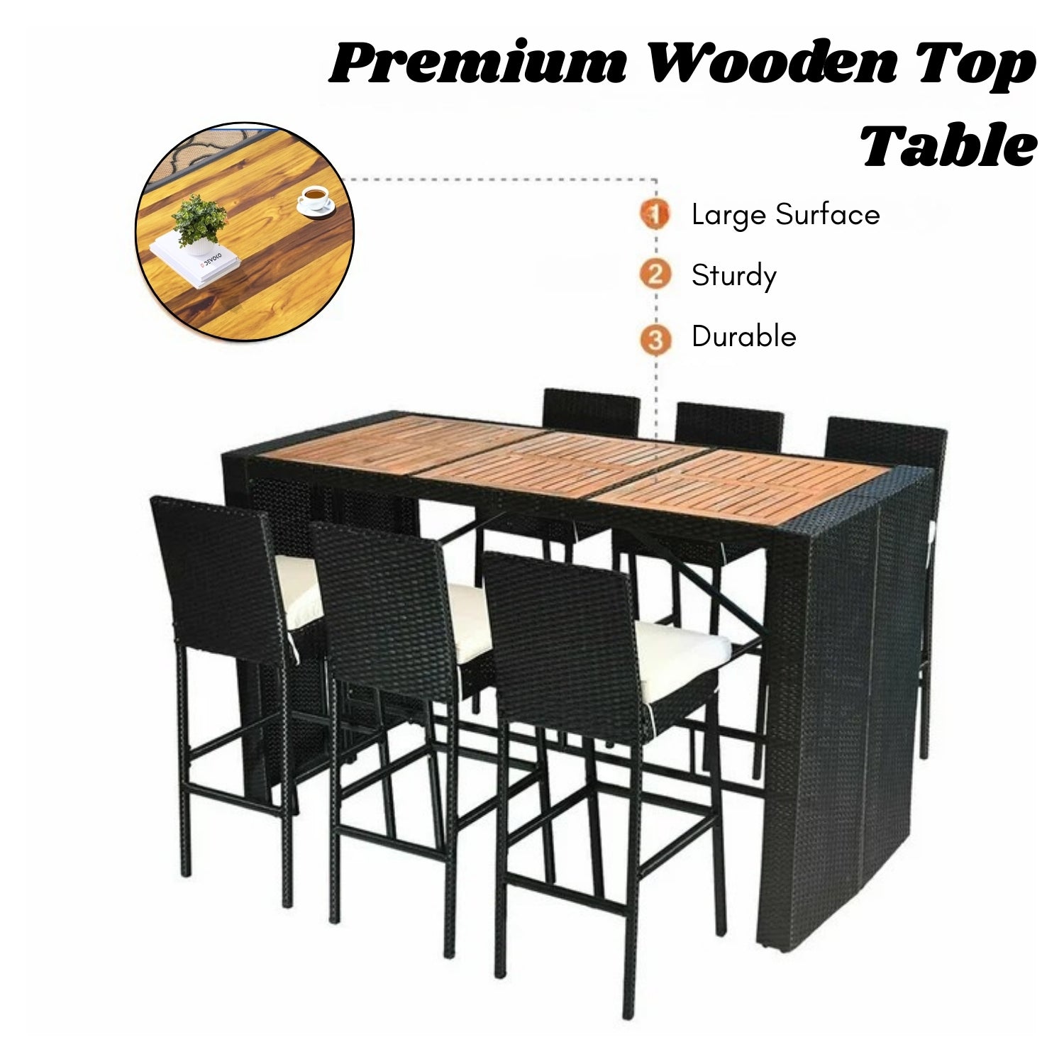 7-Piece Outdoor Rattan Wicker Bar Set with Wooden Top Table