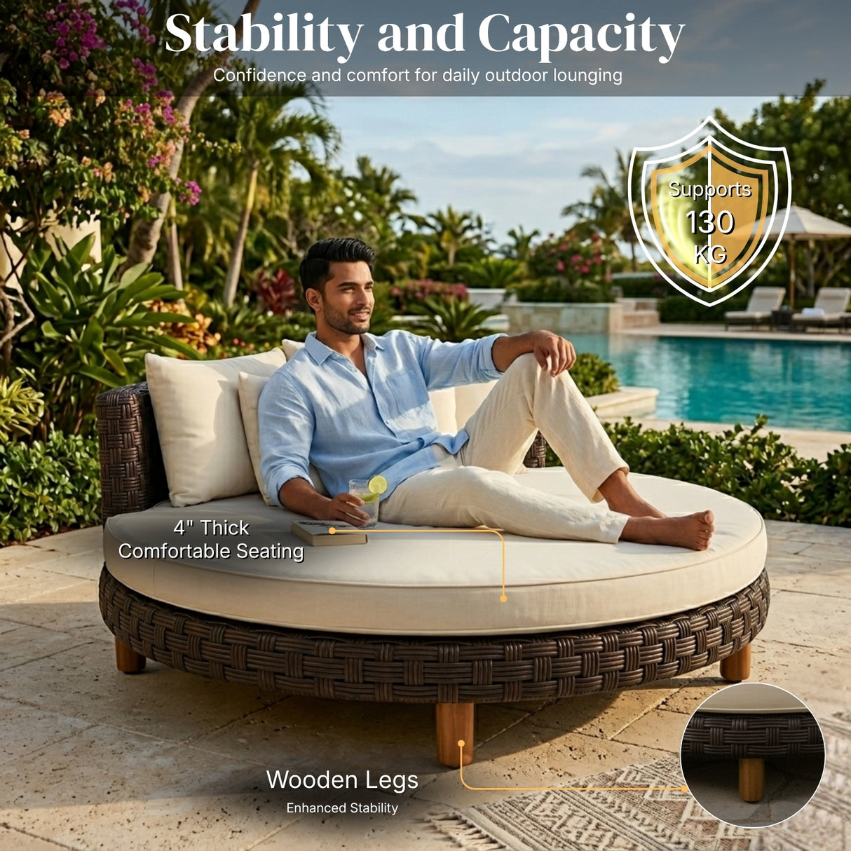 Outdoor All-Weather Rattan Wicker Round Daybed (Dark Brown & Cream)