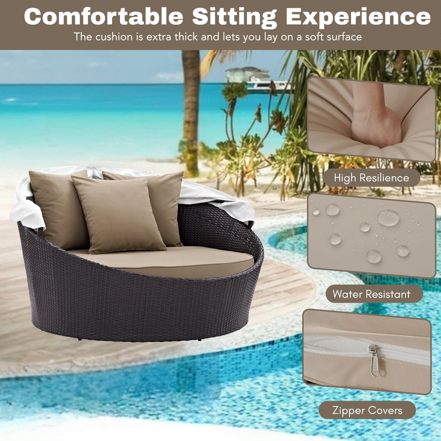 Outdoor Rattan Wicker Patio Daybed with Retractable Canopy