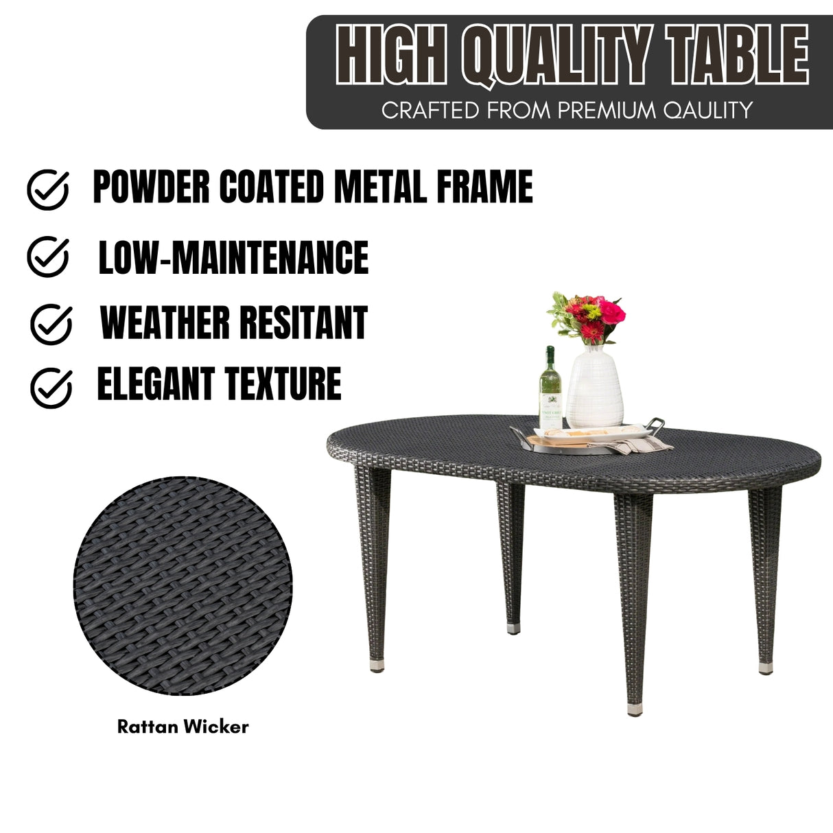 Outdoor Rattan Wicker Round Patio Table (Black)