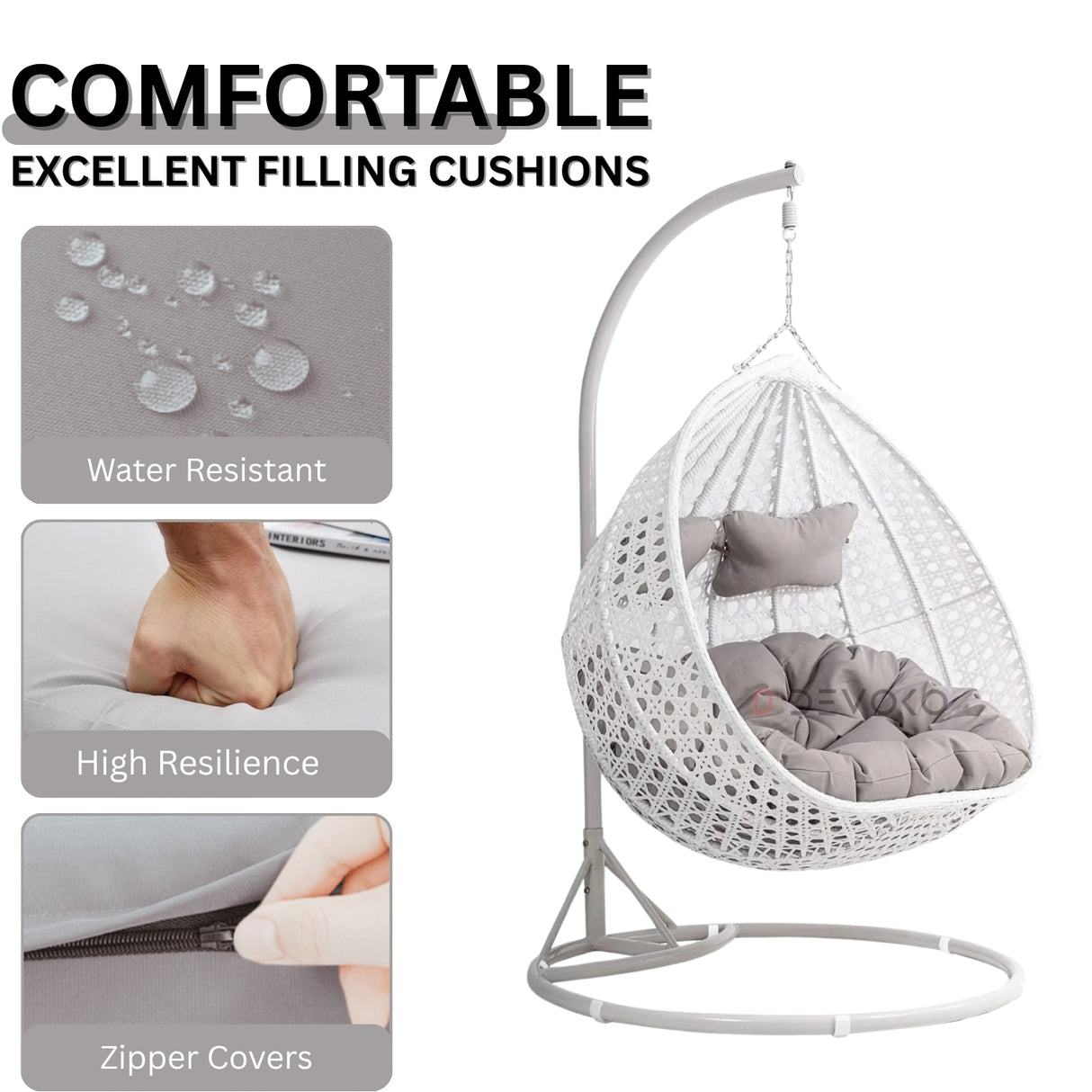 Double Seater Rattan & Wicker Swing (White & Grey)