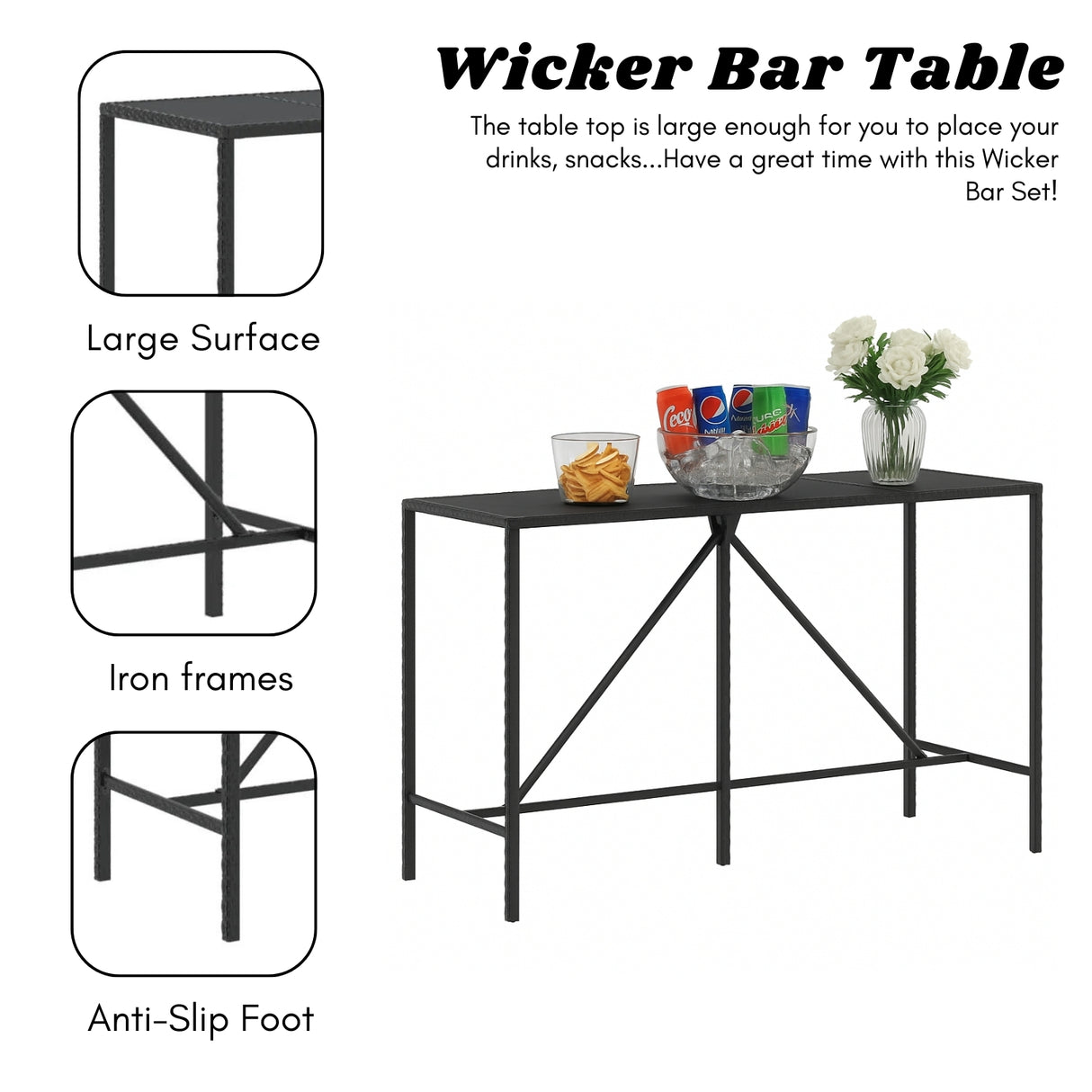 7-Piece Outdoor Rattan Wicker Bar Set without Glass Top Table
