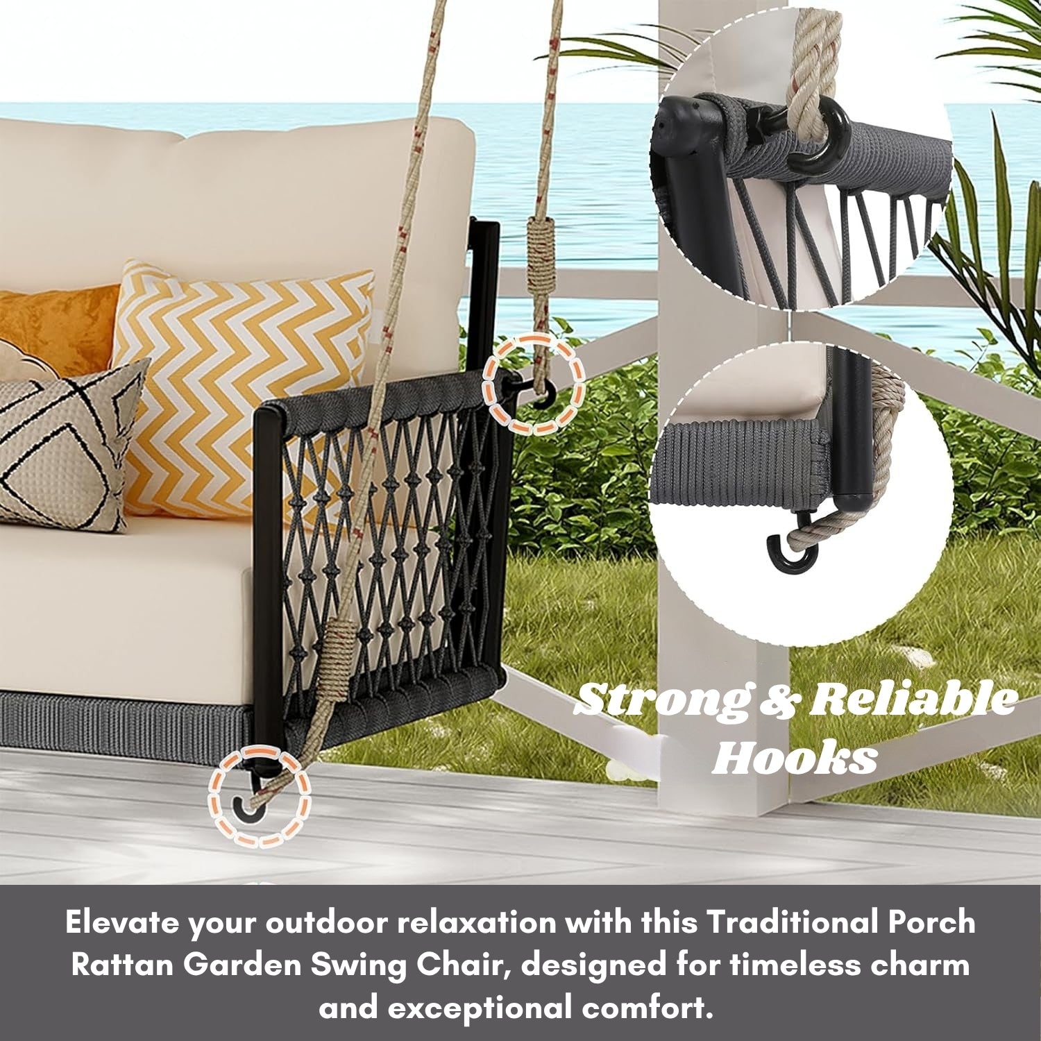 Outdoor Rope Swing 2-Person Hanging Chair, Weatherproof Porch Swing