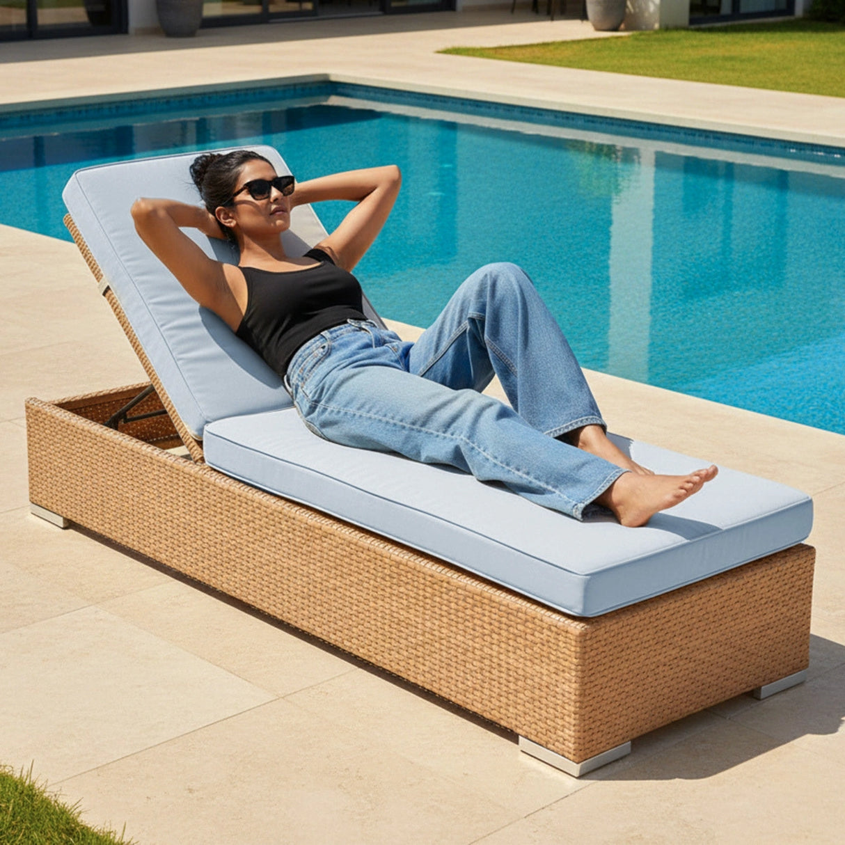 Outdoor All-Weather Rattan Wicker Lounger (Beige & Grey)