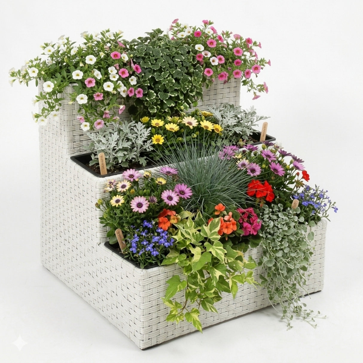 Outdoor 3-Tier Wicker Raised Planter Stand (White)
