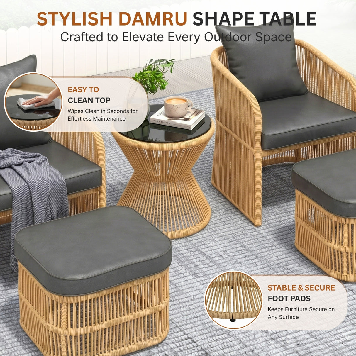 Outdoor 5 Piece Rope Patio Chair Ottoman Set (Beige & Dark Grey)