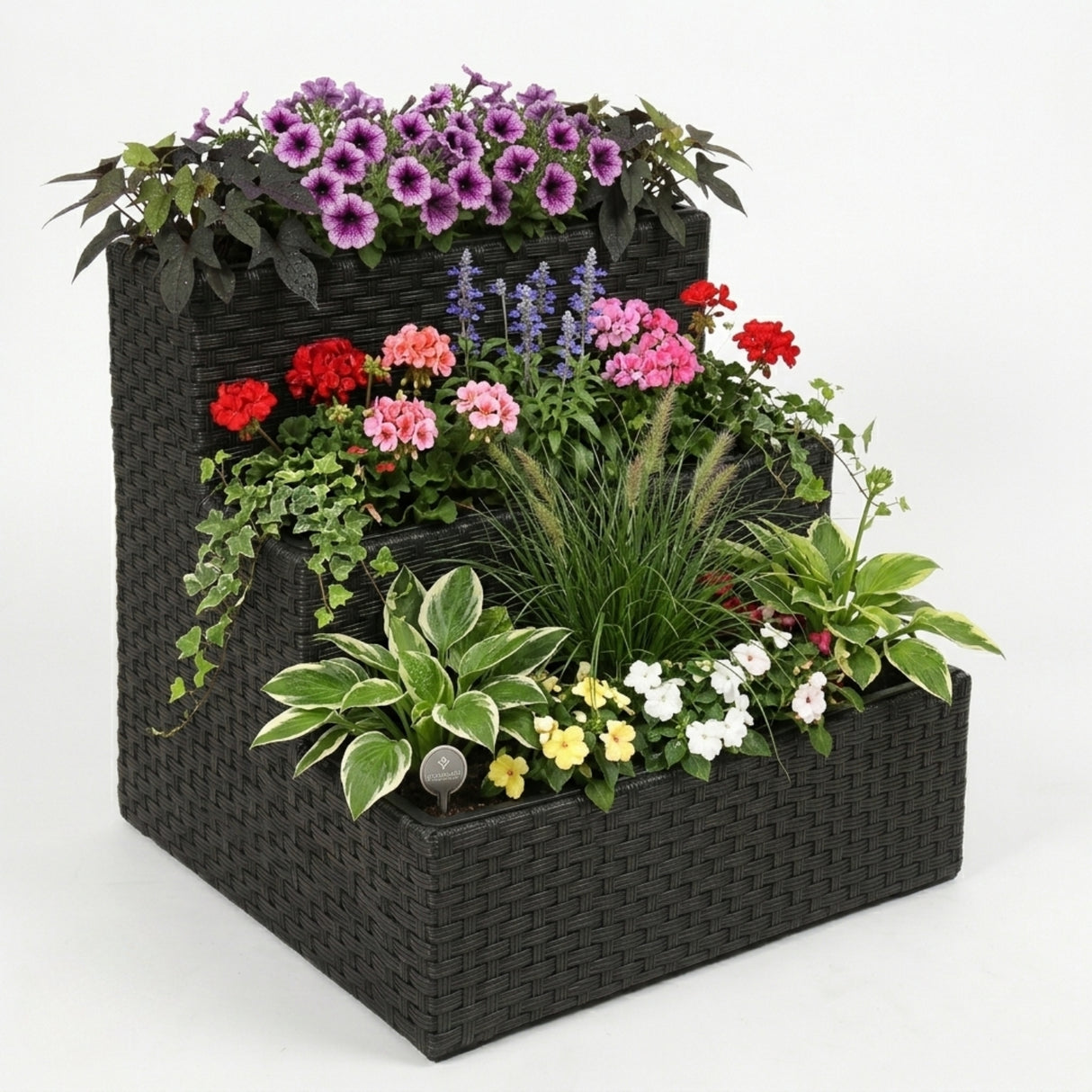 Outdoor 3-Tier Wicker Raised Planter Stand (Black)