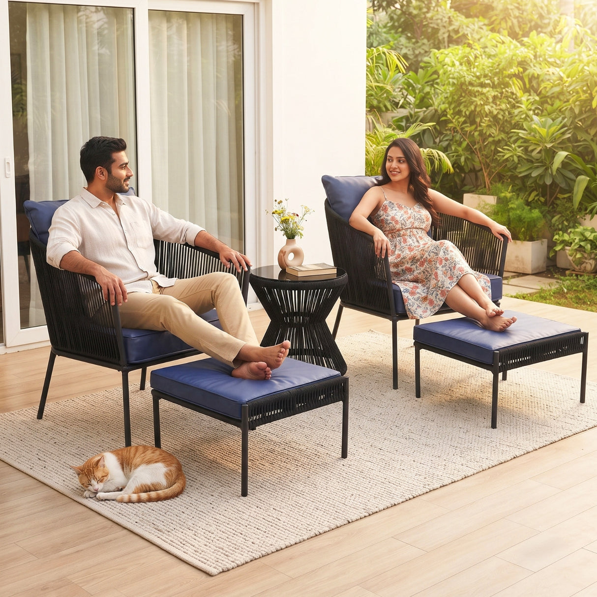 Outdoor 5 Piece Rope Patio Sofa Set (Black & Navy-Blue)