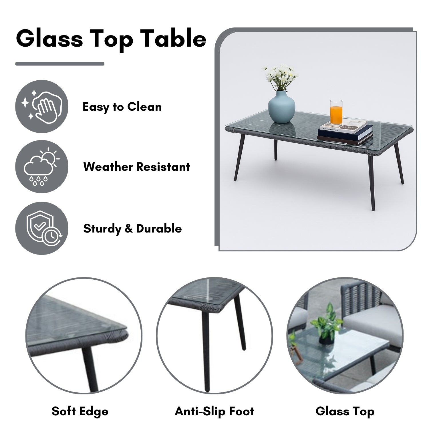 Outdoor Grey Rope 7-Seater Sofa Set With Glass Top Table