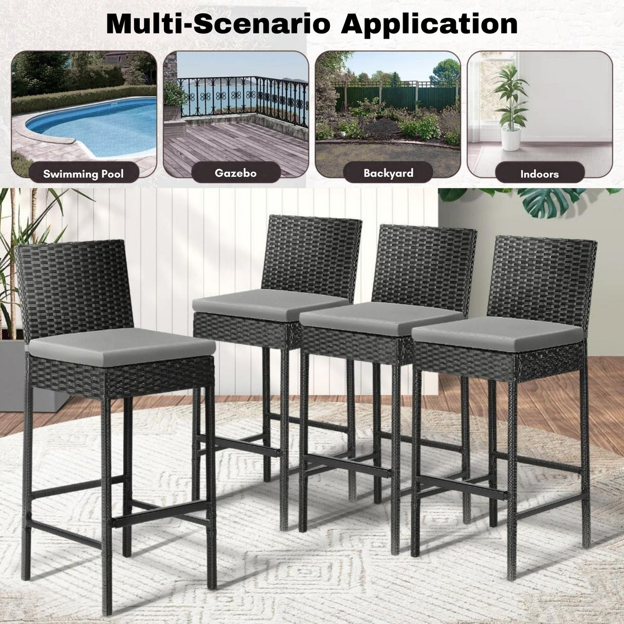 4-Piece Outdoor Rattan Wicker Bar Chairs