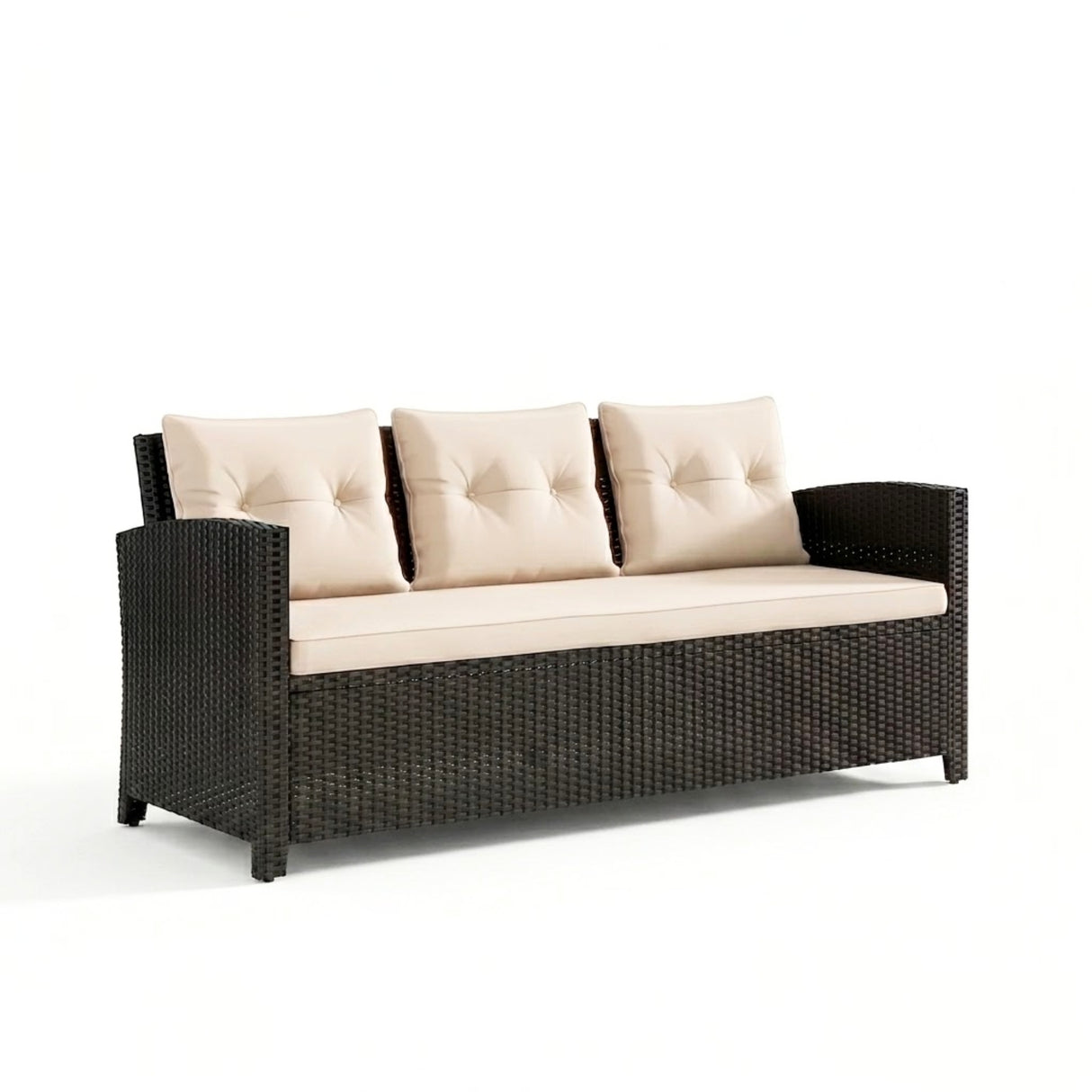 Outdoor Wicker L-Shape Sofa Set with Ottoman & Convertible Wooden Coffee Table
