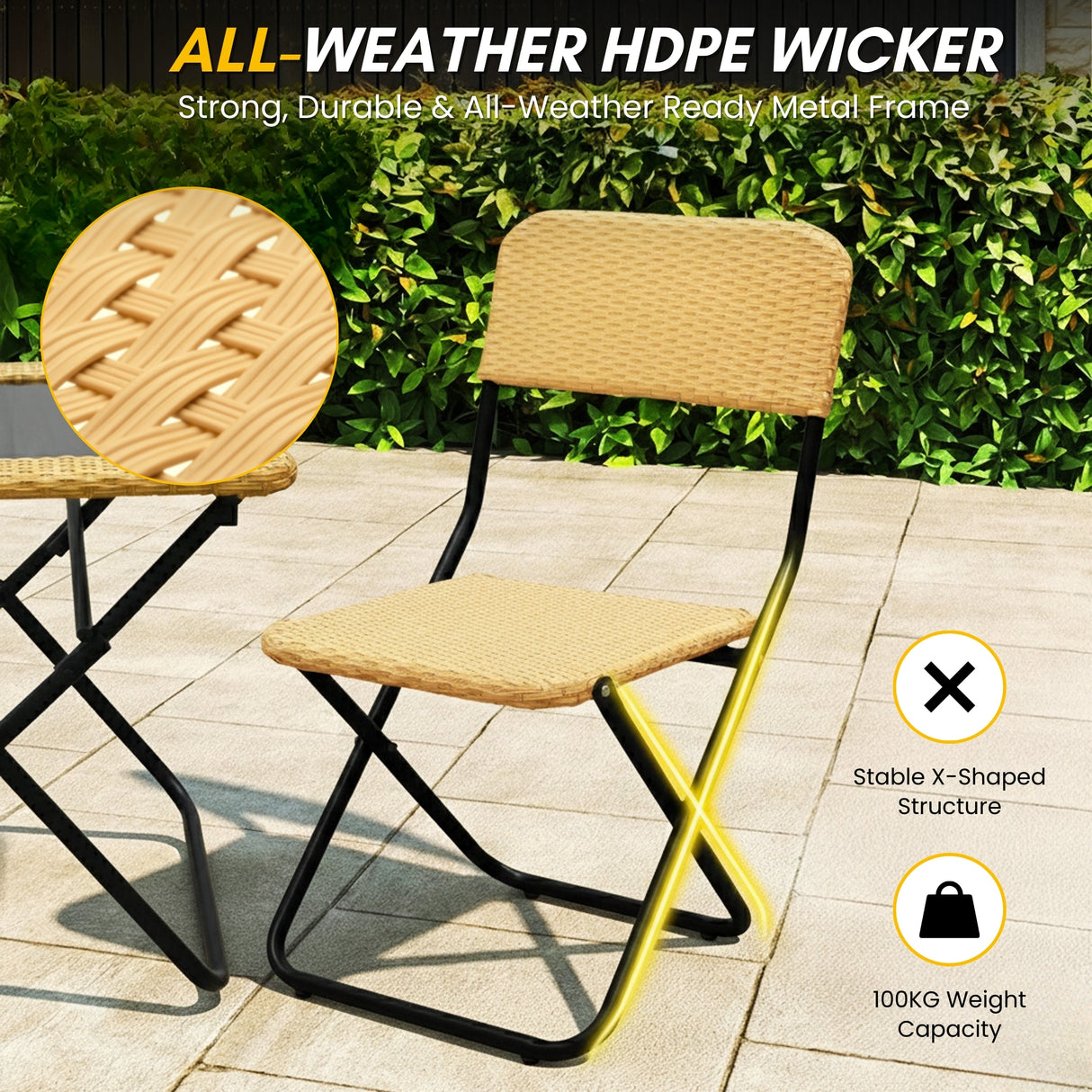 3-Piece Outdoor Wicker Folding Patio Set (Beige)