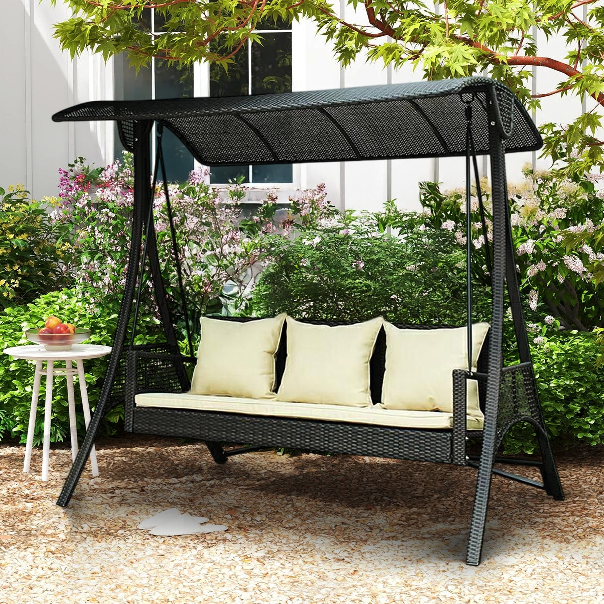 All-Weather Outdoor Rattan Wicker 3-Seat Patio Swing Chair with Shade