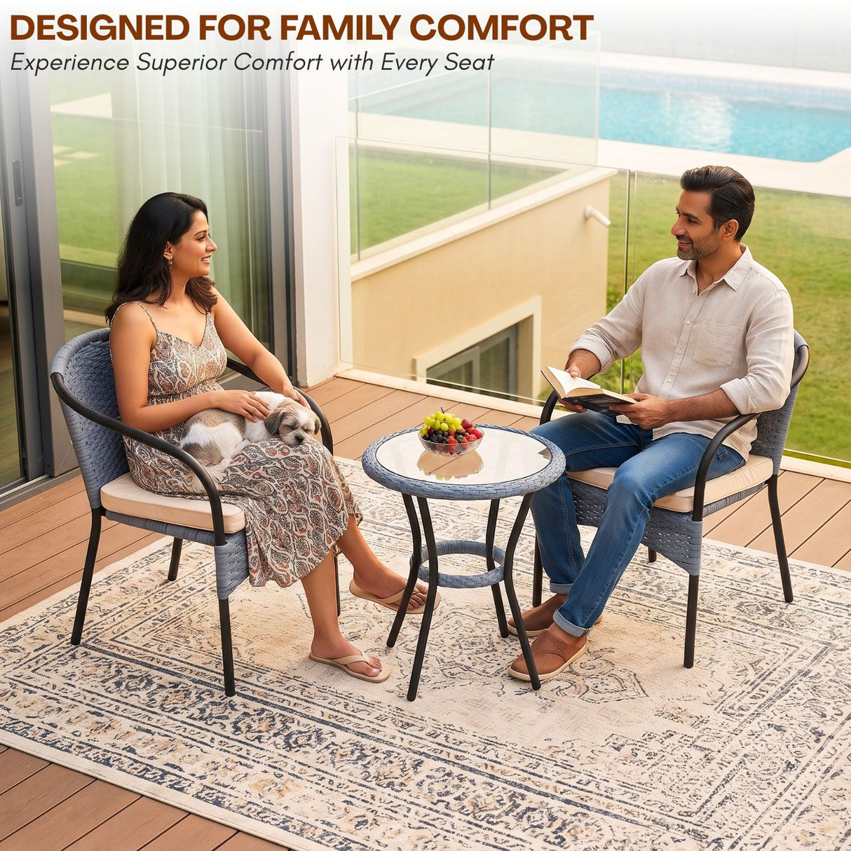 3 Piece Outdoor Wicker Patio Furniture Set (Silver & Cream)