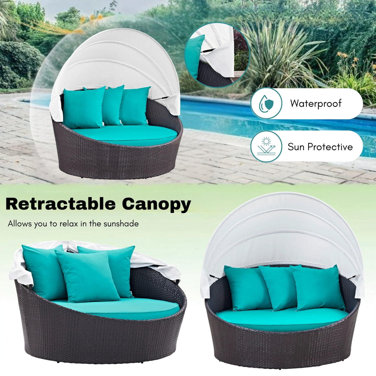 Outdoor Rattan Wicker Patio Daybed with Retractable Canopy