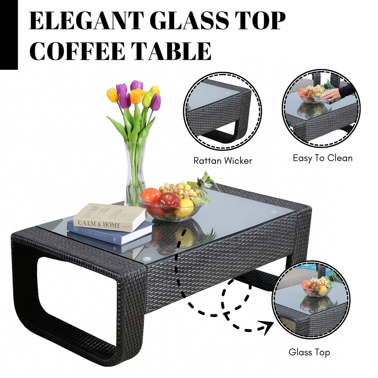 4-Piece Outdoor Rattan Wicker Patio Sofa Set & Glass Top Table