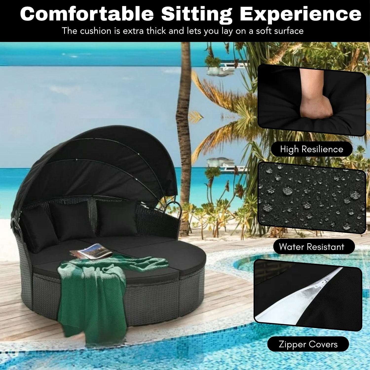 Outdoor Round Canopy Daybed Wicker Patio Furniture Set with Cushions