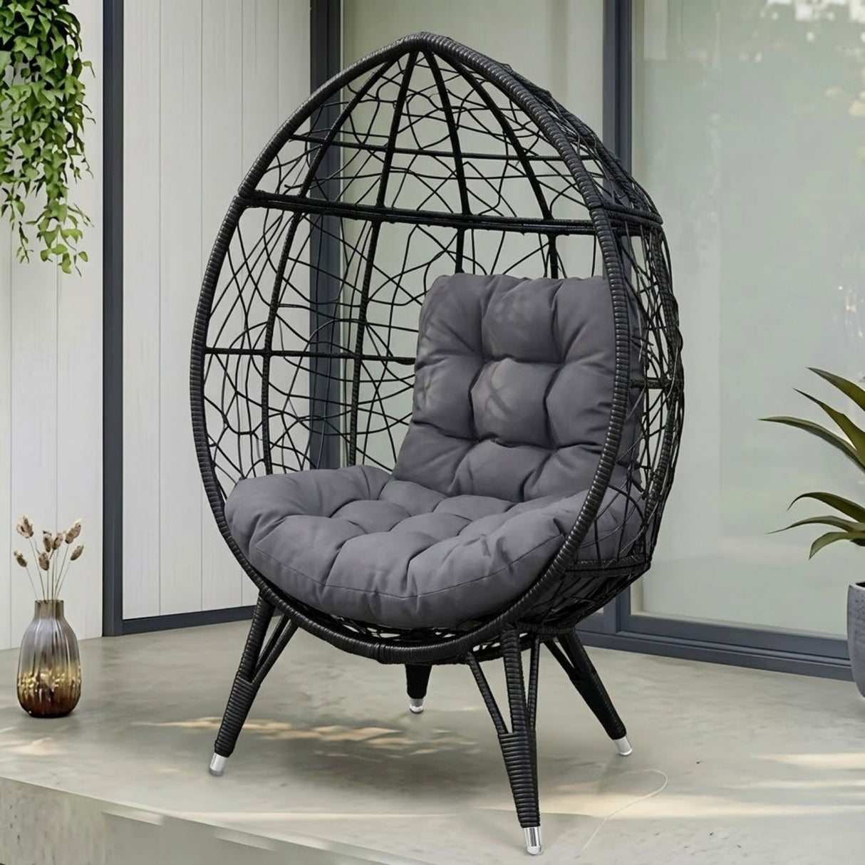 Outdoor Black Rattan Lounge Accent Egg Chair