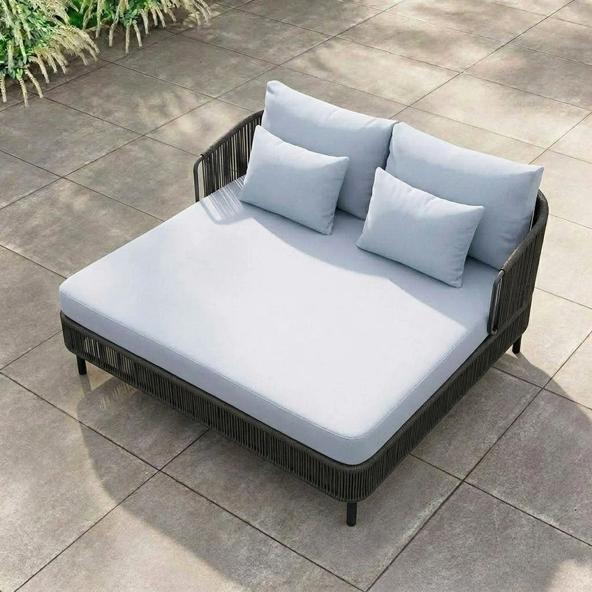 Outdoor Grey Rope Patio Daybed with Comfortable White Cushion