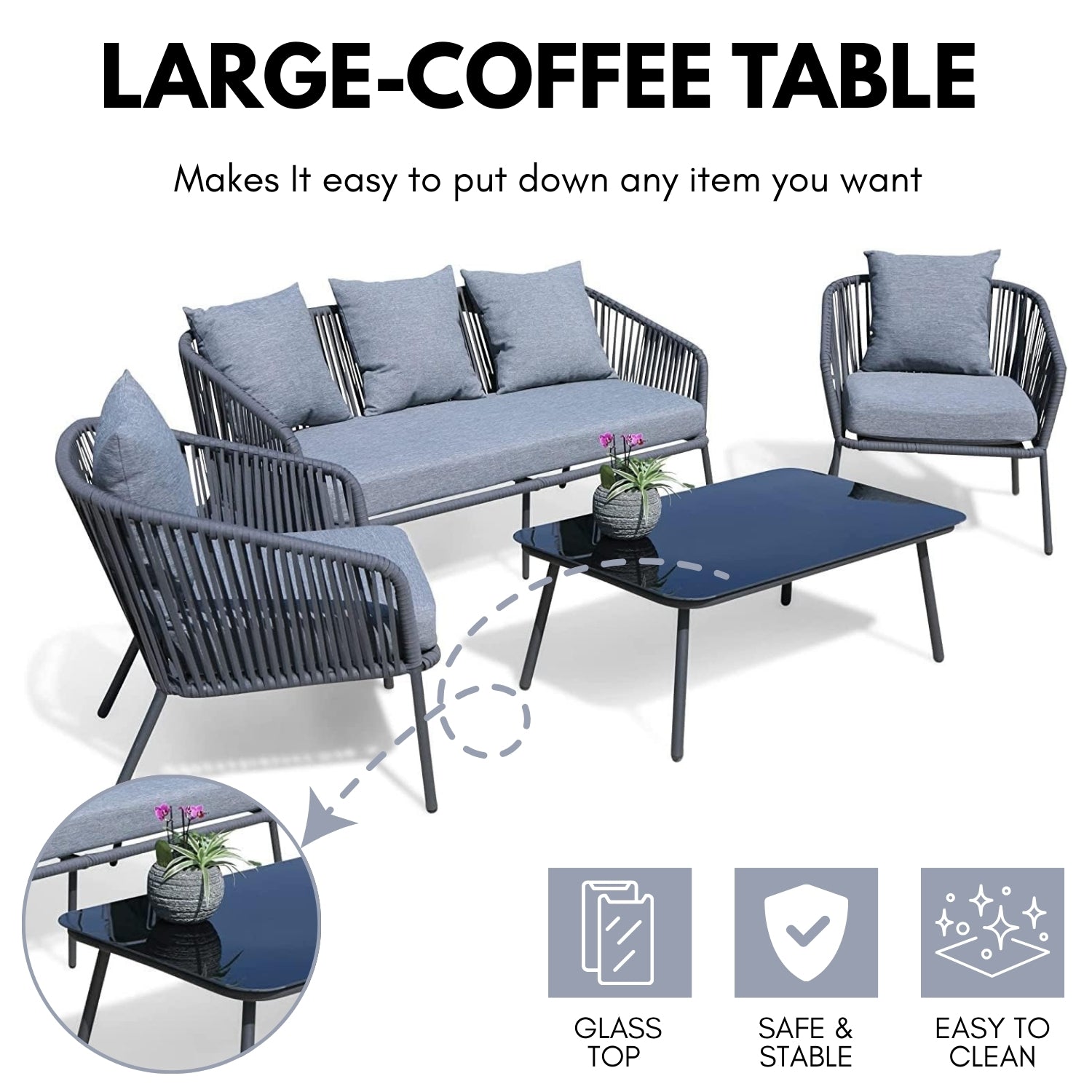 4-Piece Outdoor Rope Patio Sofa Set (Grey)