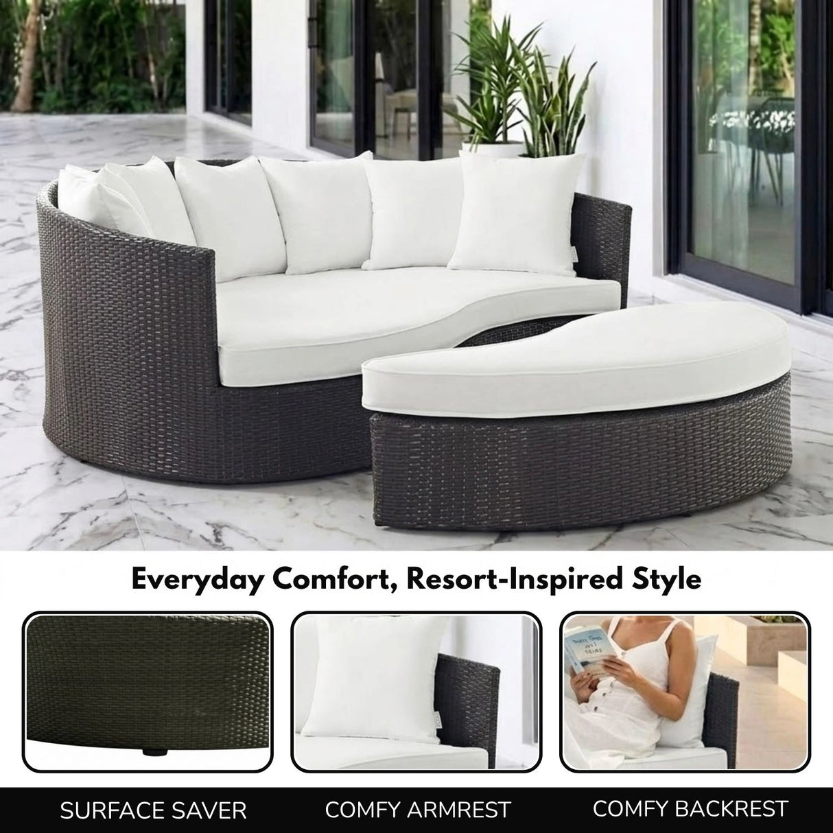 Outdoor Rattan Wicker Daybed (Dark Brown & White)