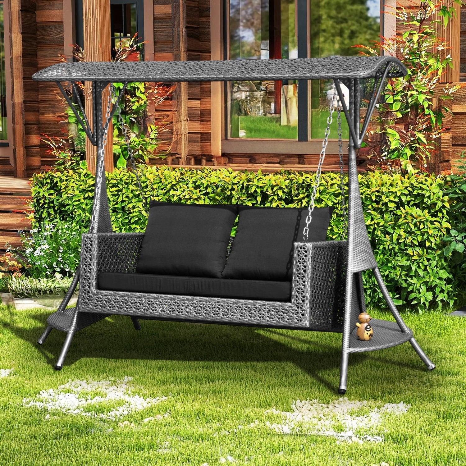 Outdoor Rattan Wicker 2-Seat Patio Swing Chair with Shade & Cushions