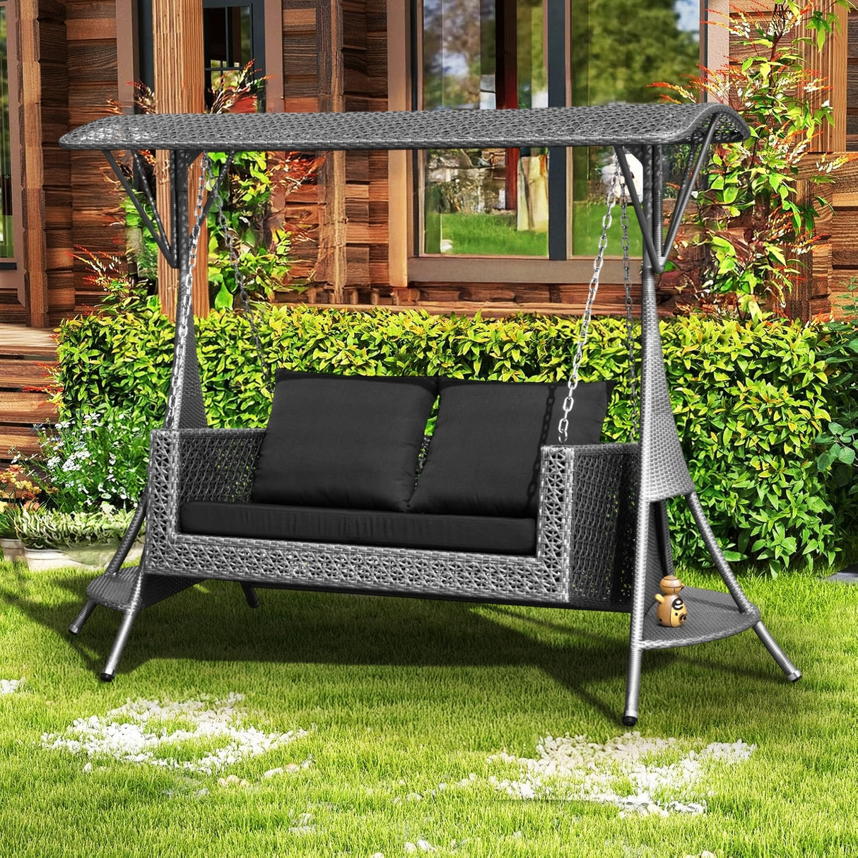 Outdoor Rattan Wicker 2-Seat Patio Swing Chair with Shade & Cushions