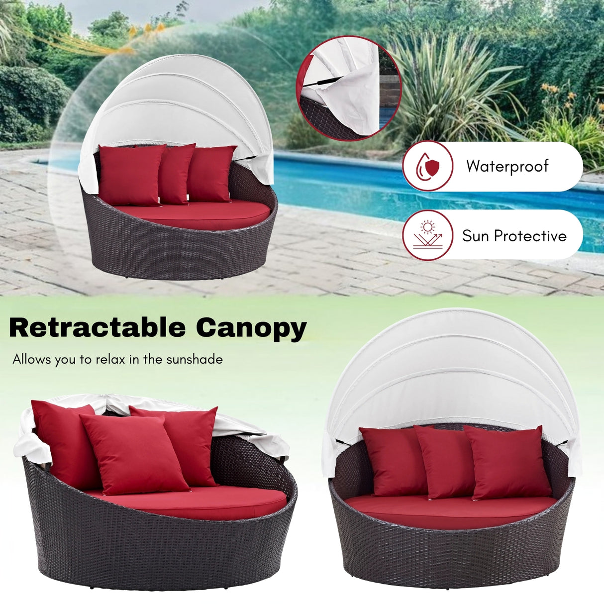 Outdoor Rattan Wicker Patio Daybed with Retractable Canopy