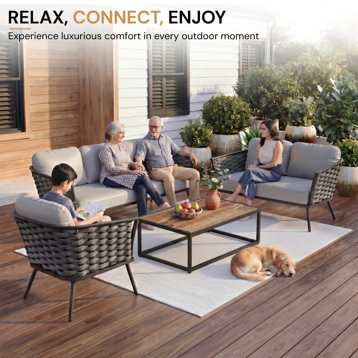 4 Piece Outdoor Rope Sofa Set with Wooden Top Table