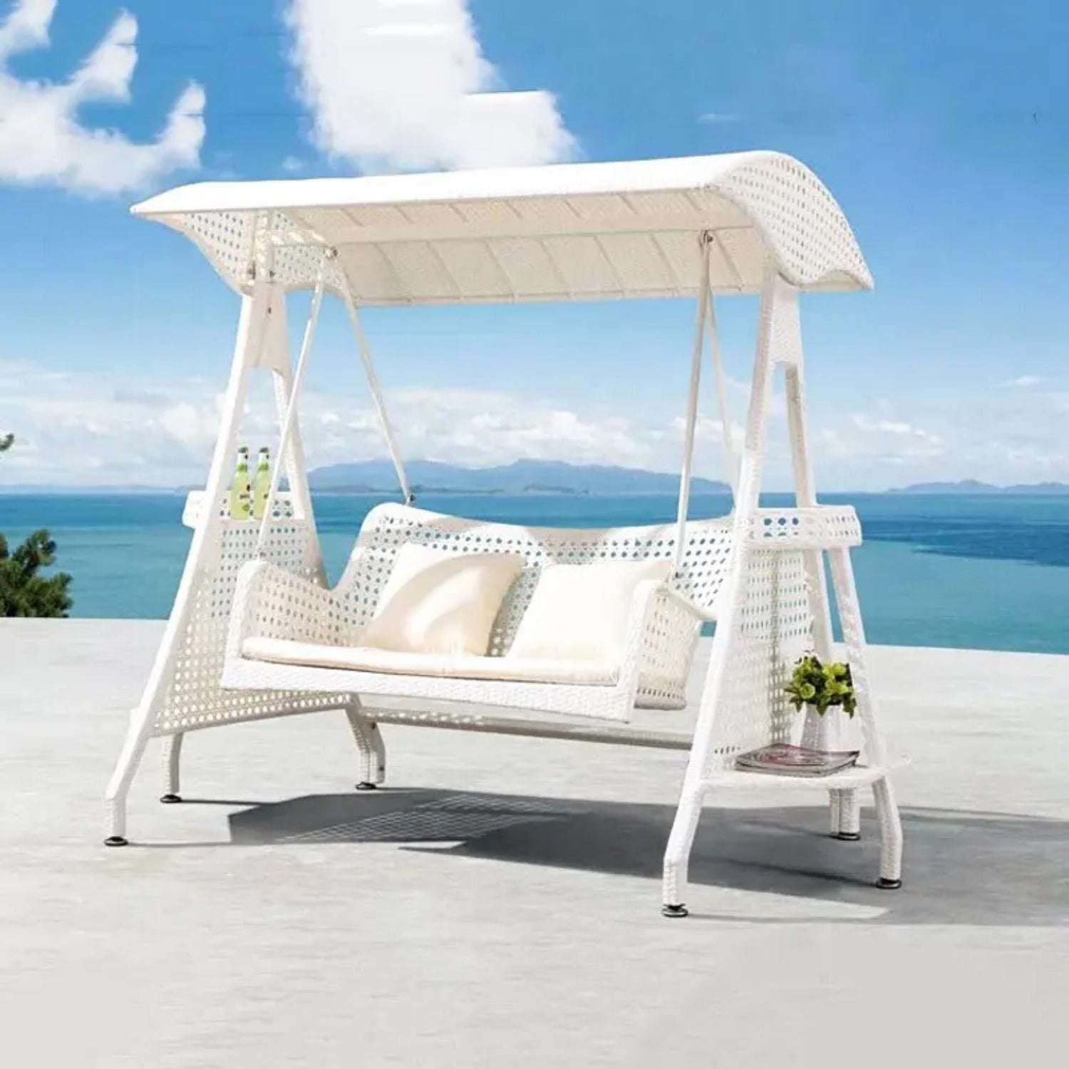 Outdoor Wicker 2-Seat Patio Swing Chair with Shade & Cushions