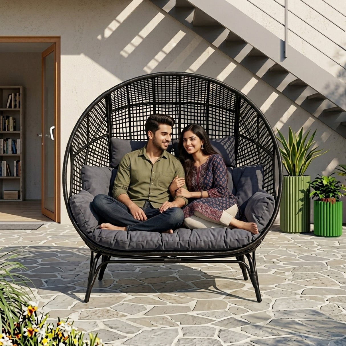 Outdoor Rattan Wicker Double Seater Egg Chair (Black & Dark Grey)