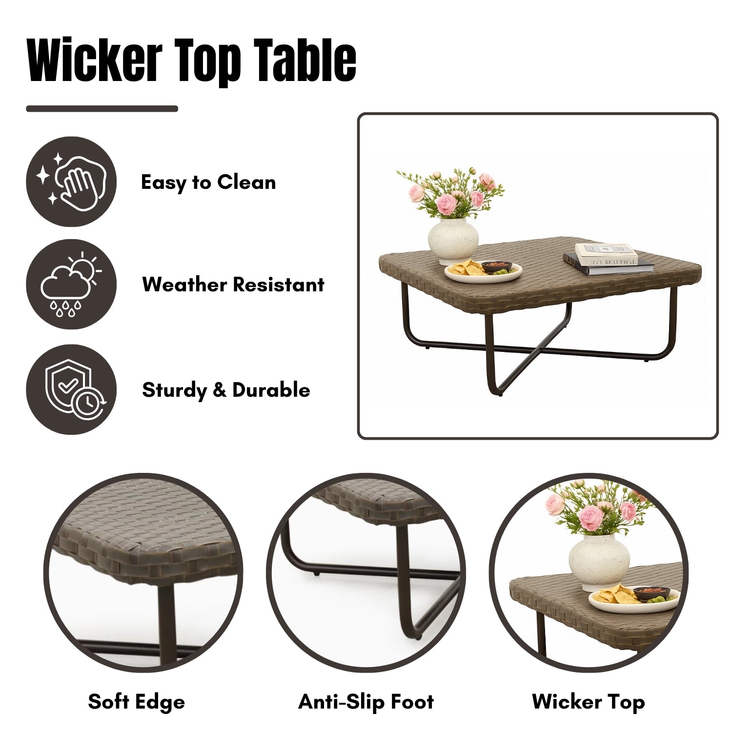 Outdoor Rope 4-Piece Patio Sofa Set with Wicker Top Table (Brown & White)