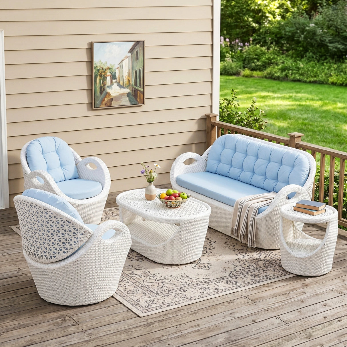 5-Seater Modern Design Outdoor Patio Furniture Set (White & Sky-blue)