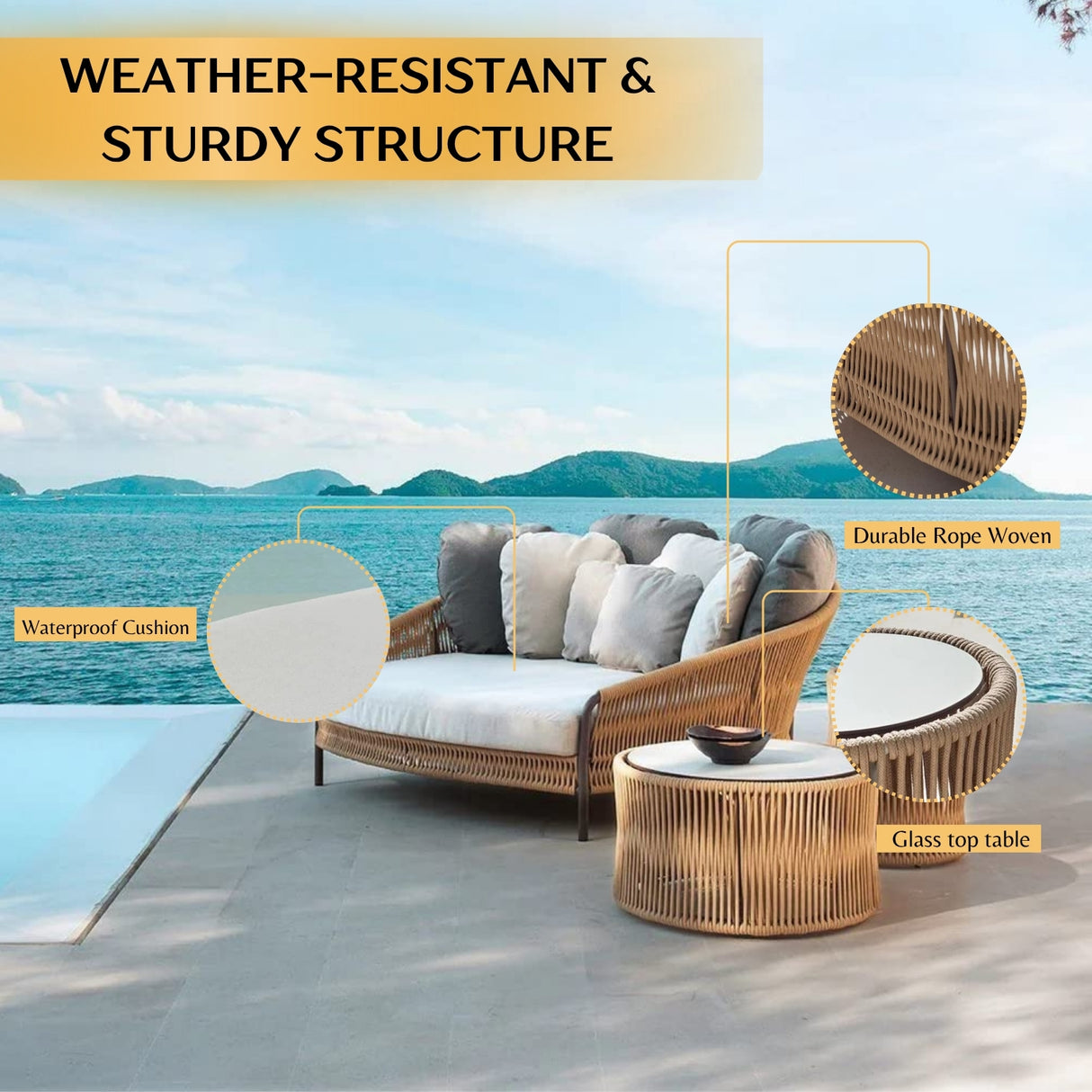 Outdoor Patio Rope Daybed With Center and Side Tables