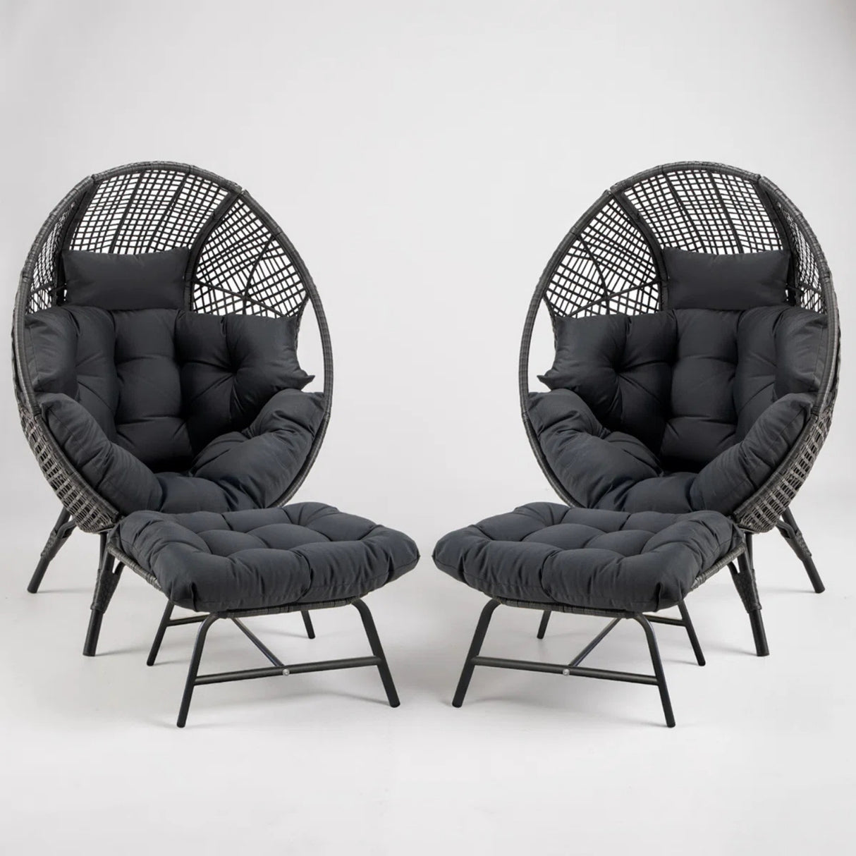 4-Piece Outdoor Wicker Egg Chair Set with Ottomans (Black & Dark Grey)
