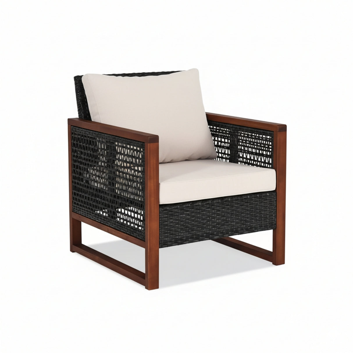 Outdoor Wicker 3-Piece Patio Furniture Set with Solid Wooden Frames (Dark Brown & White)