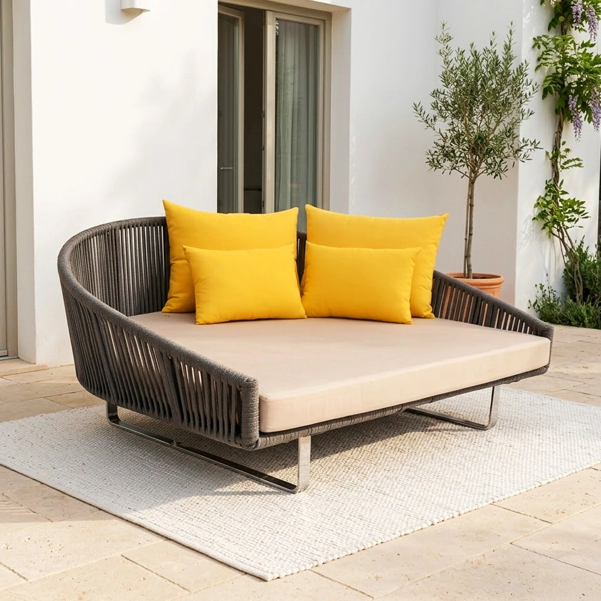Outdoor Grey Rope Patio Daybed with Comfortable Cream Cushion