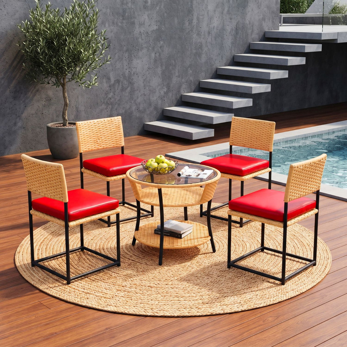 5-Piece Outdoor Wicker Patio Furniture Set (Beige & Red)
