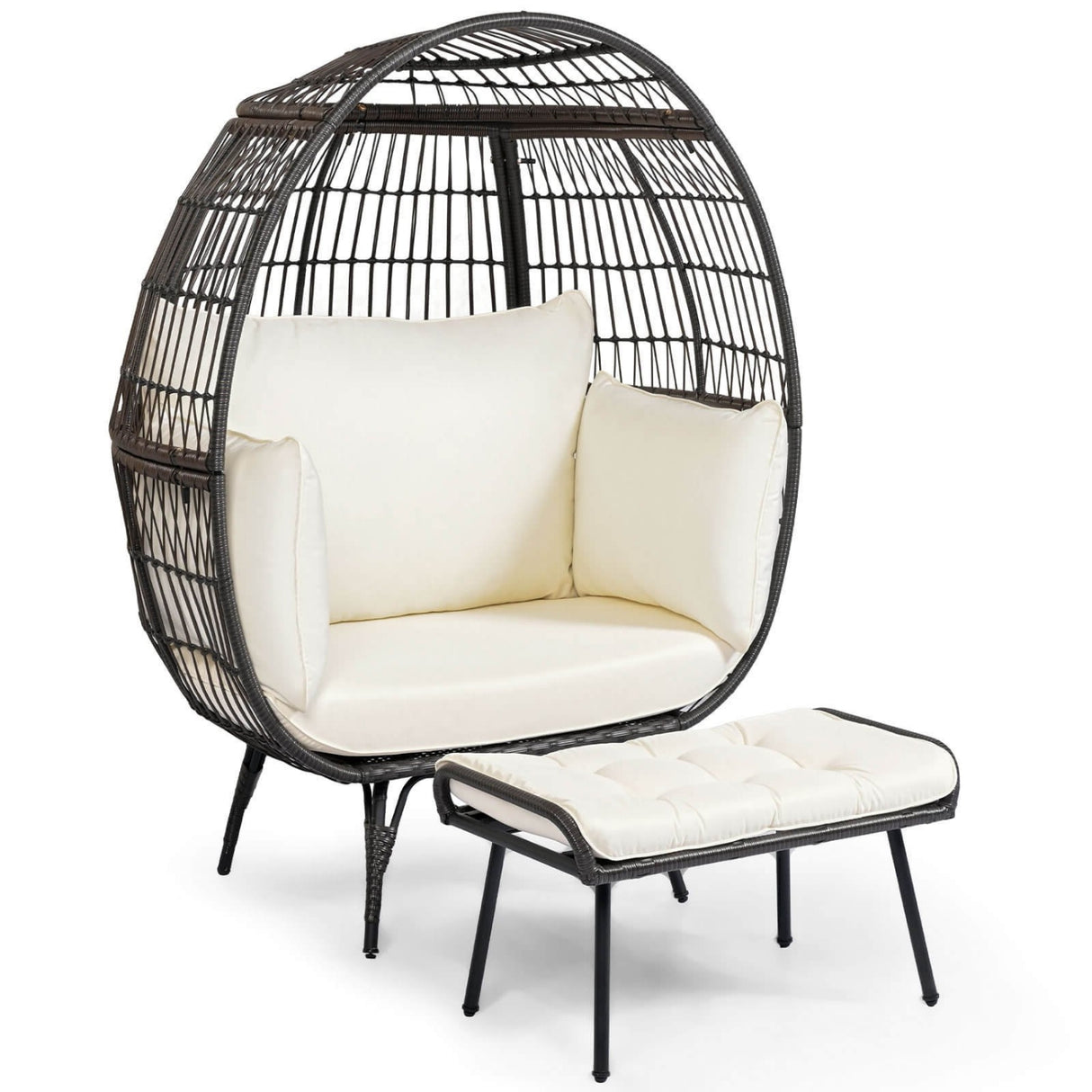 Outdoor Wicker Egg Chair with Ottoman (Black & Off-White)