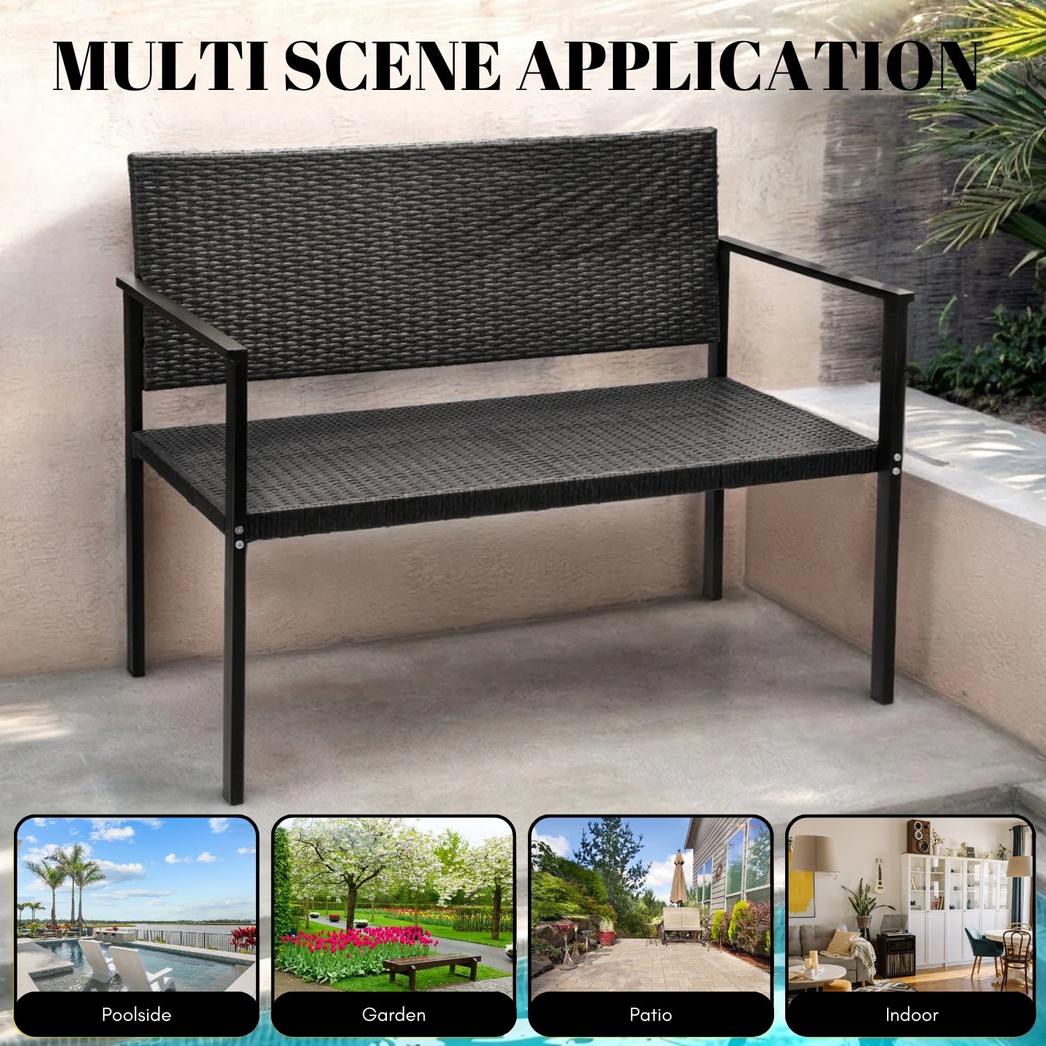 2-Seater Outdoor Garden Rattan Bench With Metal Frames