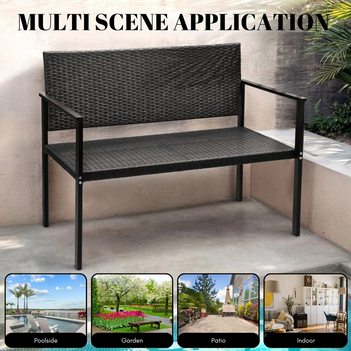 2-Seater Outdoor Garden Rattan Bench With Metal Frames