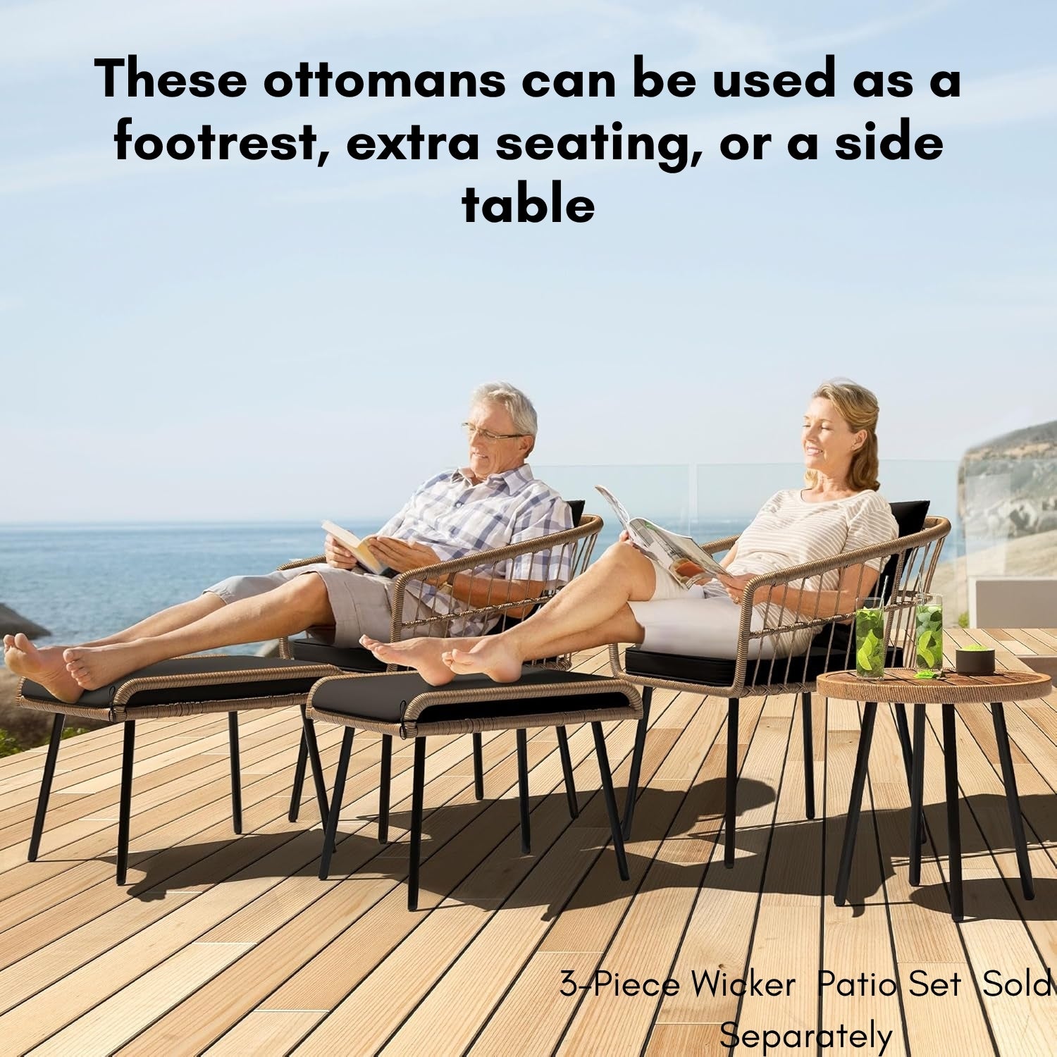 Set of 2 Wicker Ottomans, Multipurpose Outdoor Furniture