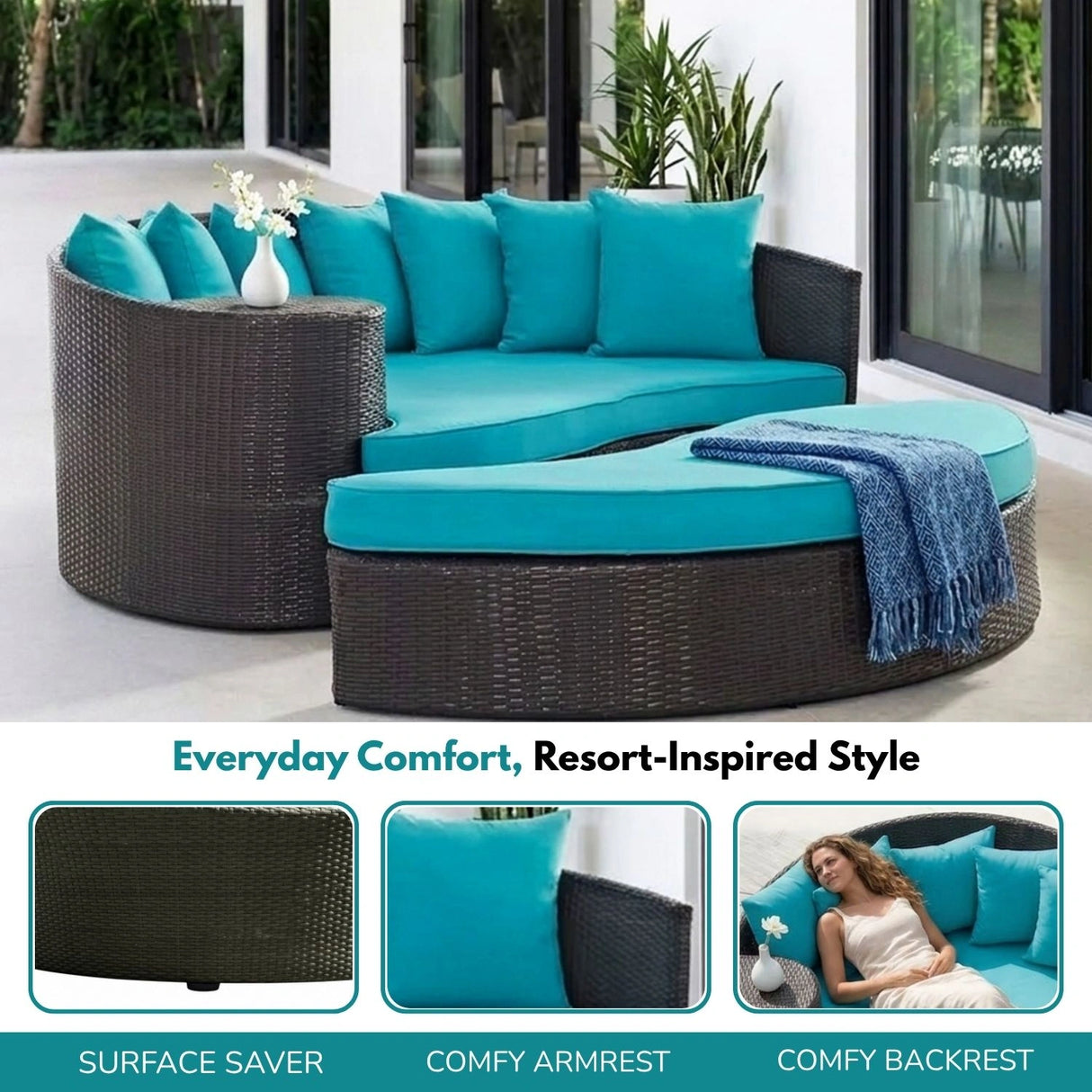 Outdoor Rattan Wicker Daybed (Dark Brown & Turquoise Blue)