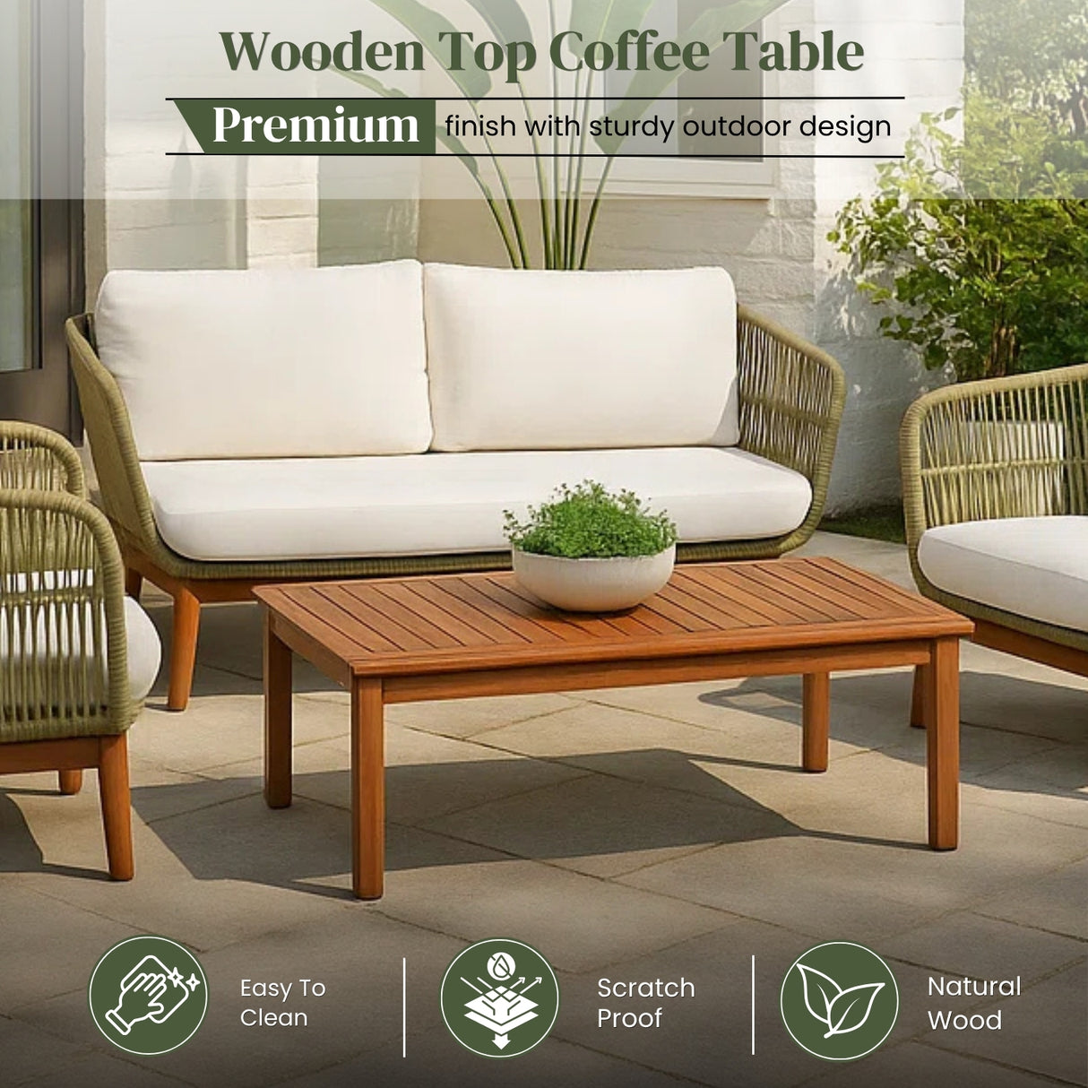 Outdoor Rope 4-Piece Patio Sofa Set with Wooden Legs & Coffee Table