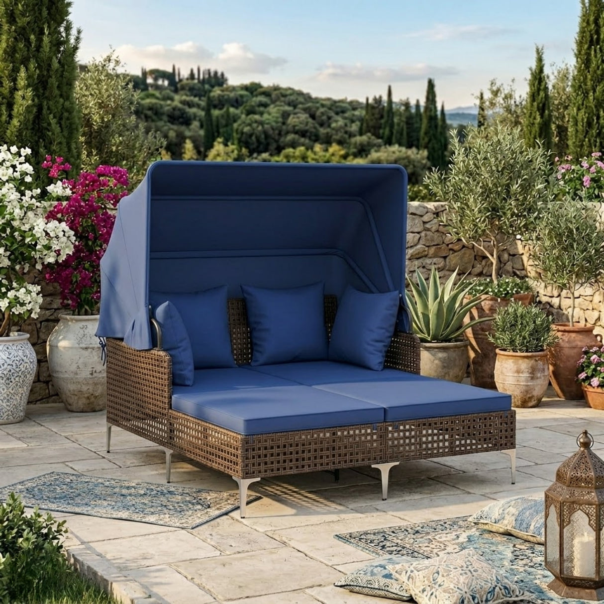 Luxury Outdoor Rattan Wicker Daybed with Canopy & Cushions
