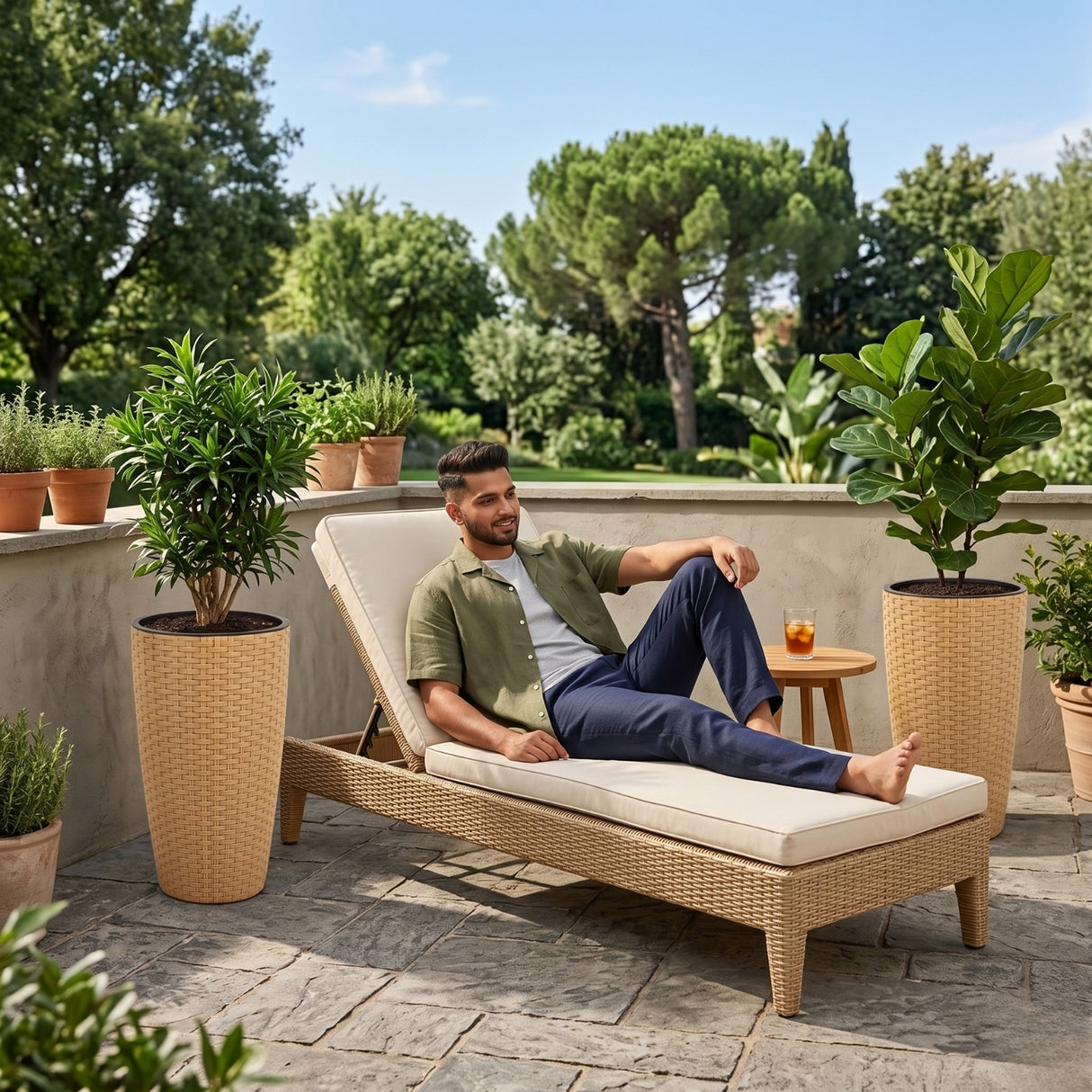 2-Piece Outdoor Wicker Planter Set (Beige)