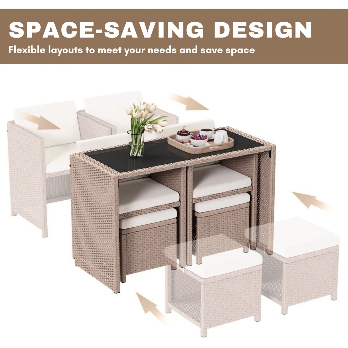 Outdoor Wicker 5-Piece Bar Set with Glass Top Table & Ottomans